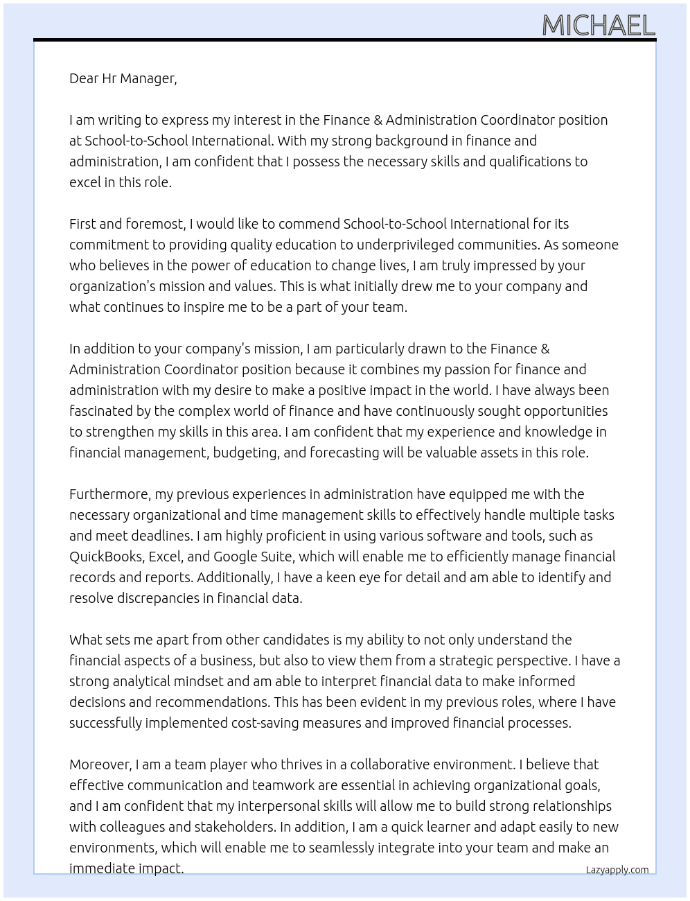 Finance & Administration Coordinator At School-to-School International Cover Letter