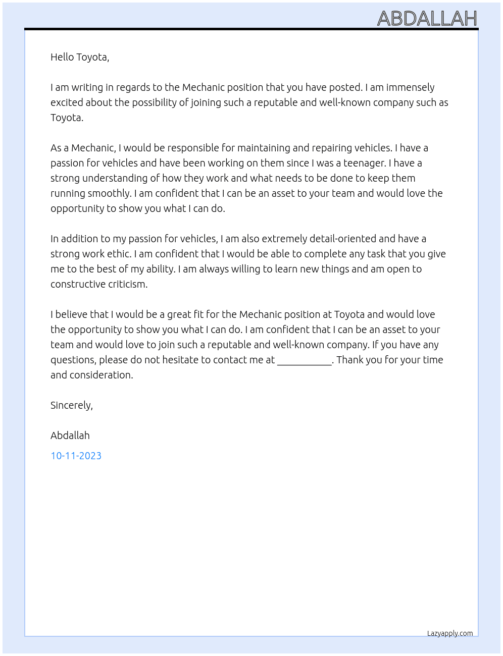 Mechanic  At Toyota Cover Letter