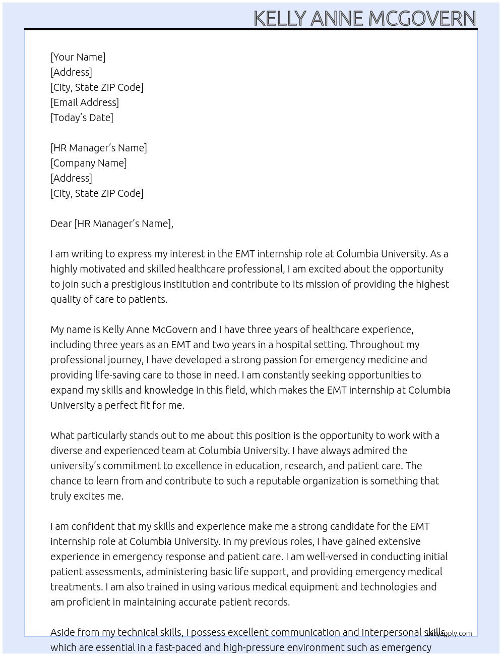 EMT At Columbia Universoty Cover Letter