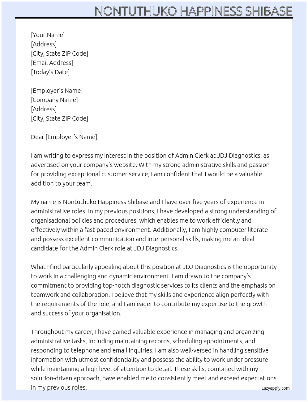 Admin Clerk At JDJ Diagnostics  Cover Letter