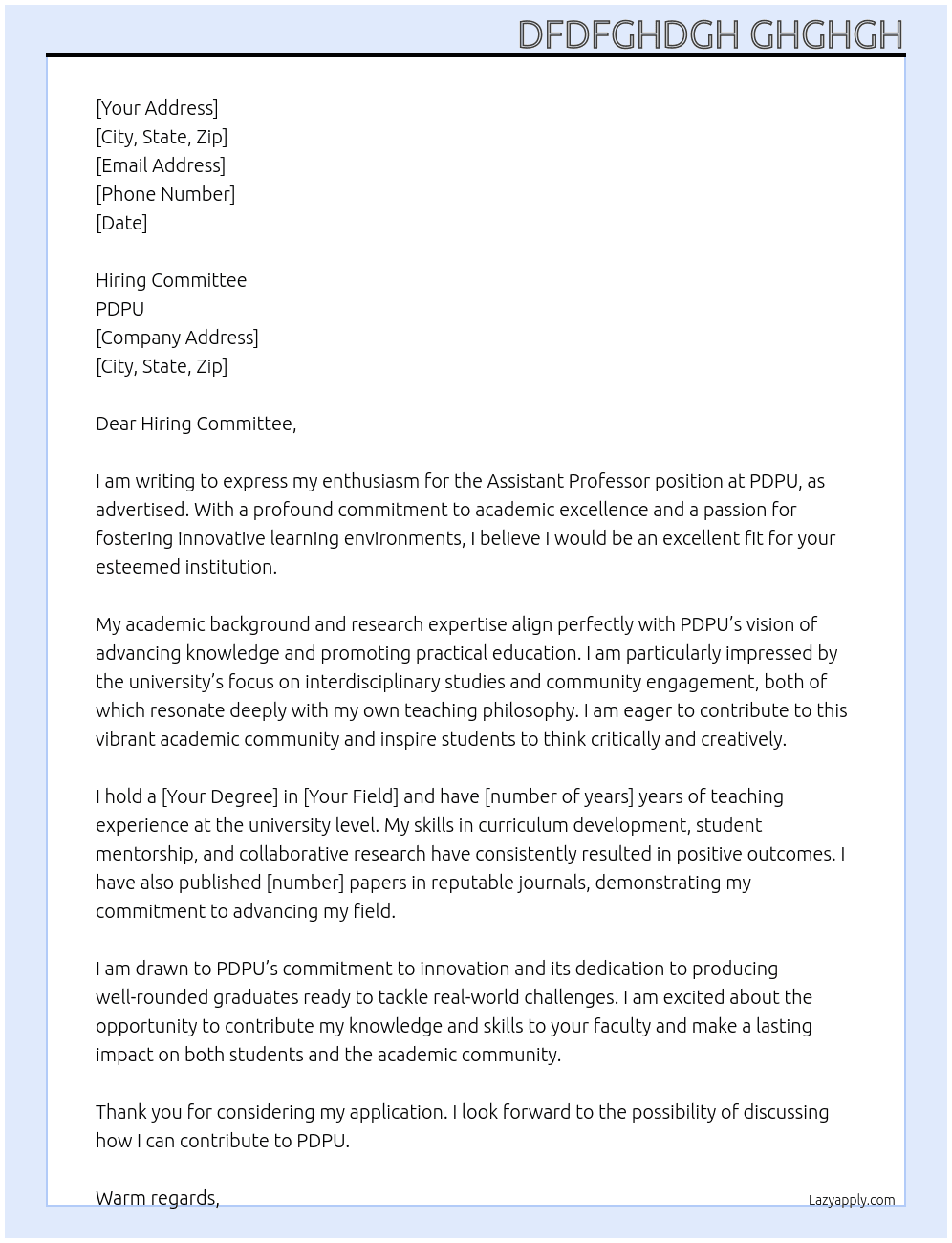 Assistant professor At pdpu Cover Letter