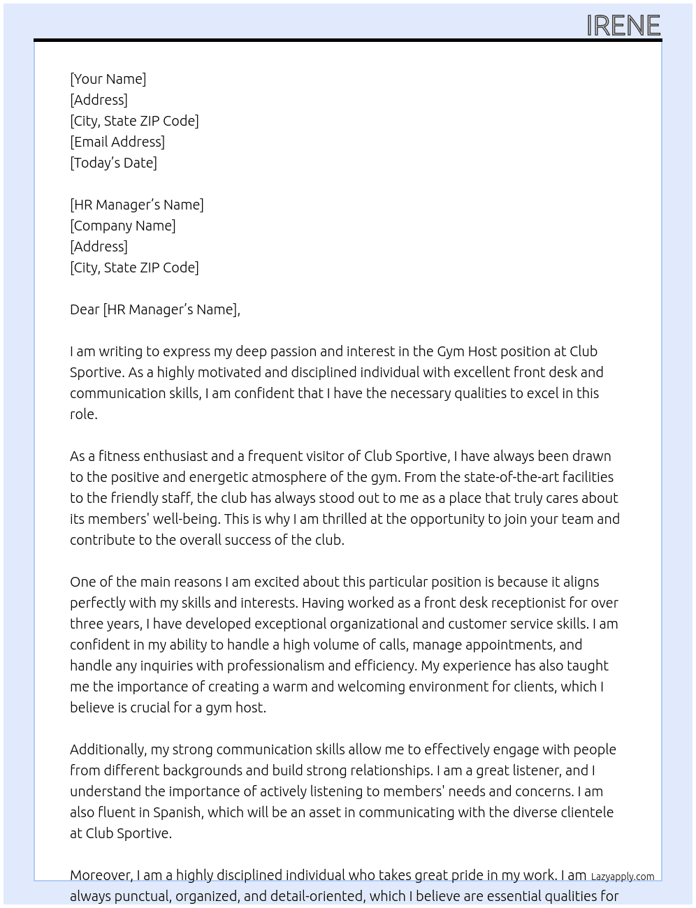 gym host At club sportive Cover Letter