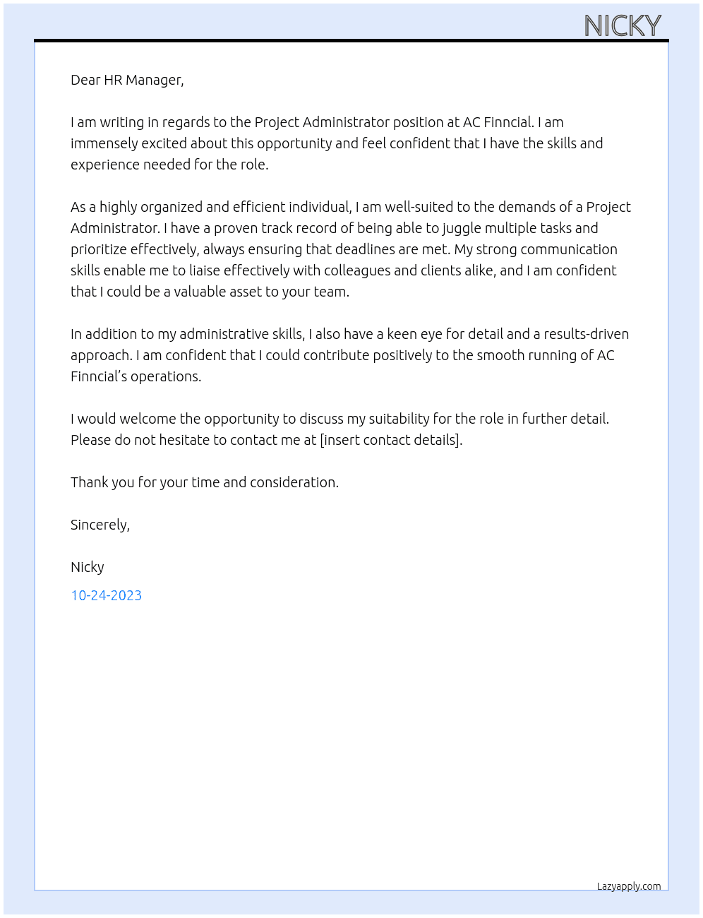 Project Administrator At ac finncial Cover Letter