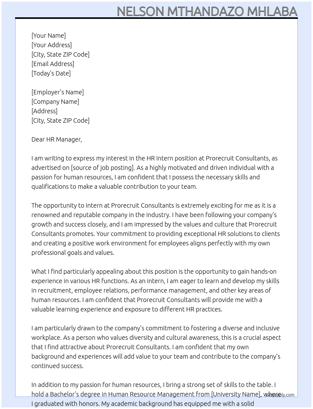 HR Intern  At Prorecruit Consultants Cover Letter