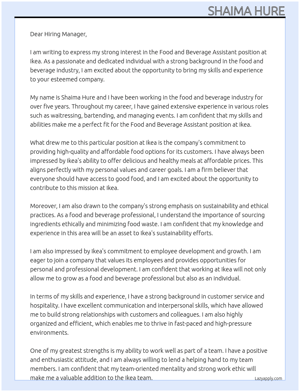 food and beverage assistant  At Ikea Cover Letter