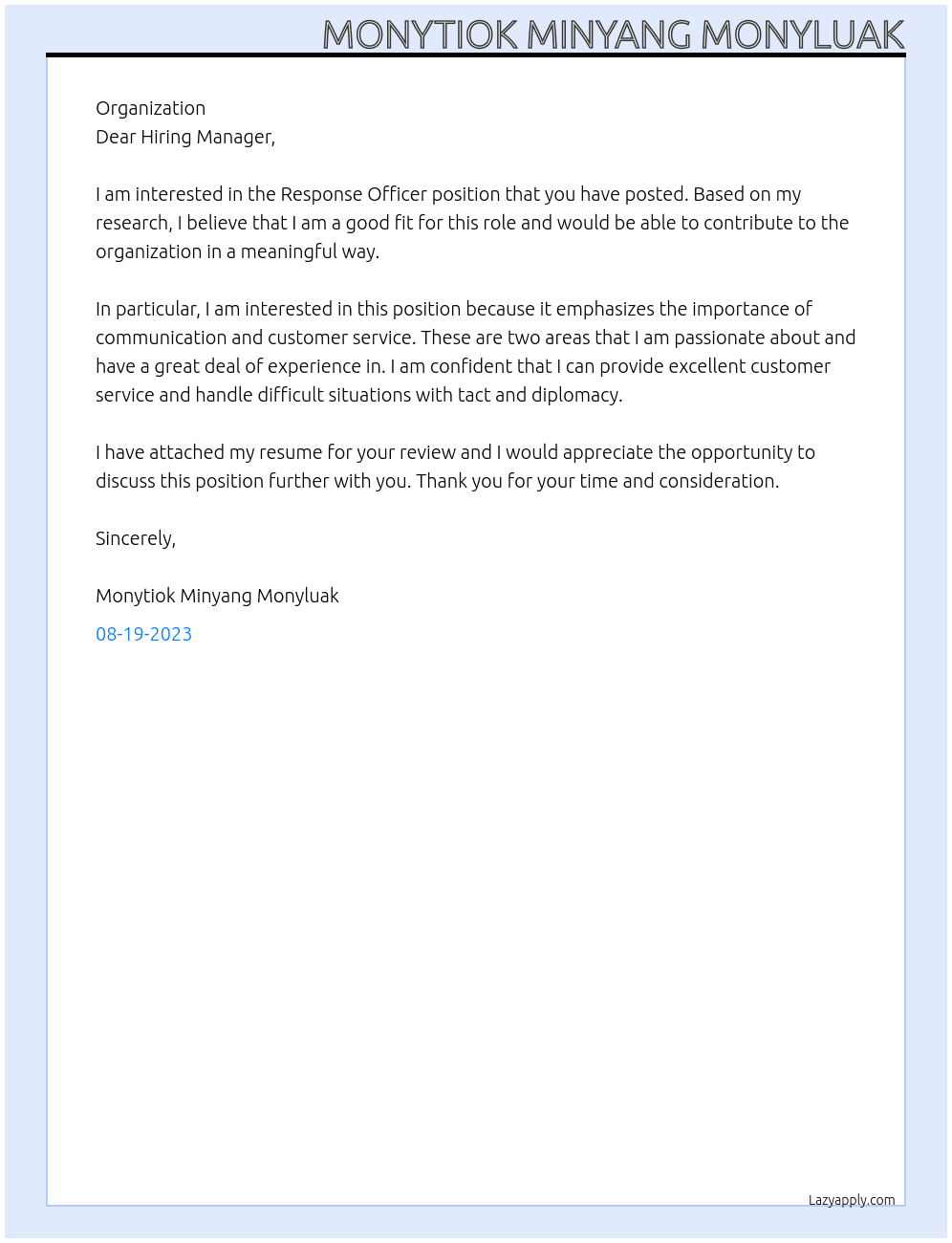 Response officer  At Organization Cover Letter