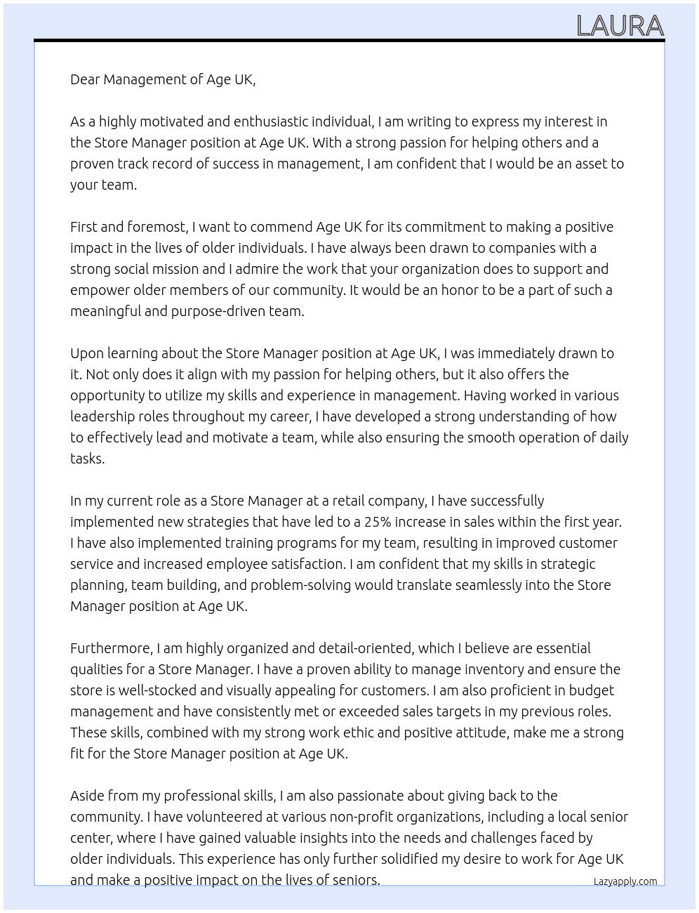 Store Manager At Age UK Cover Letter