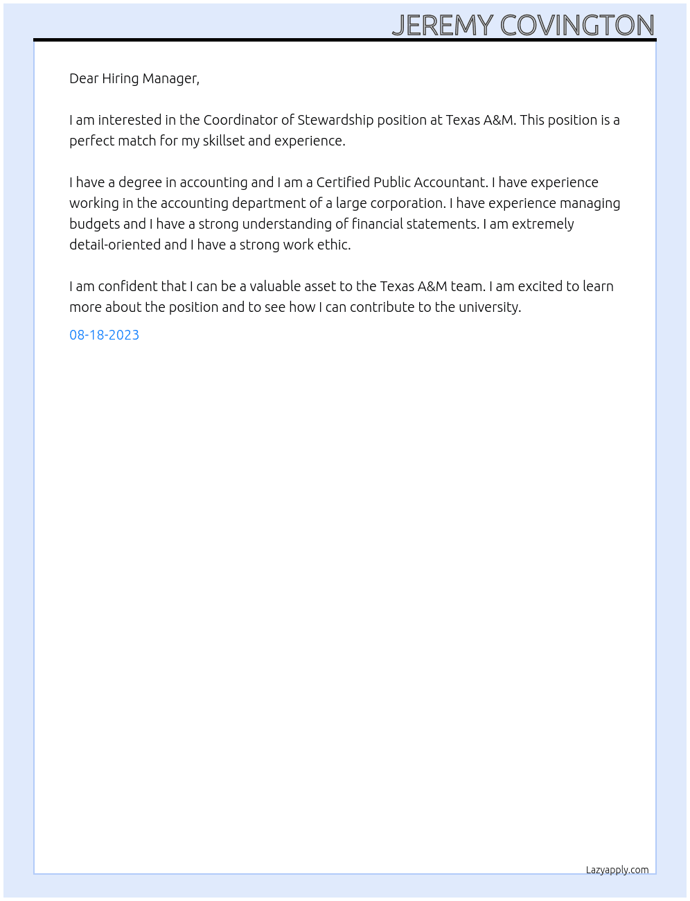 Coordinator of Stewardship At Texas A&M Cover Letter