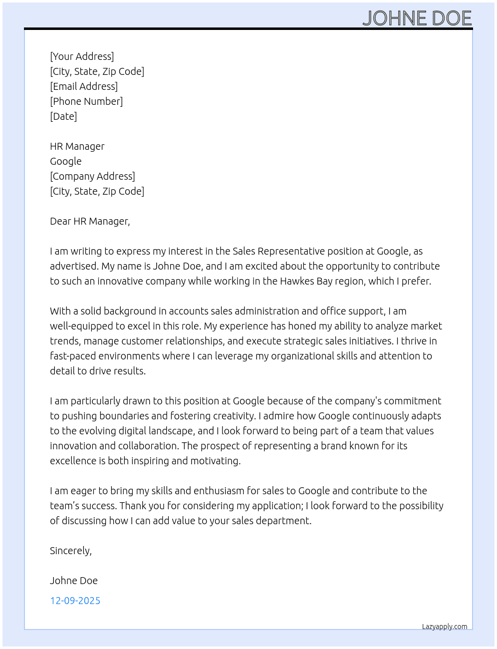 Sales Representative  At Google Cover Letter