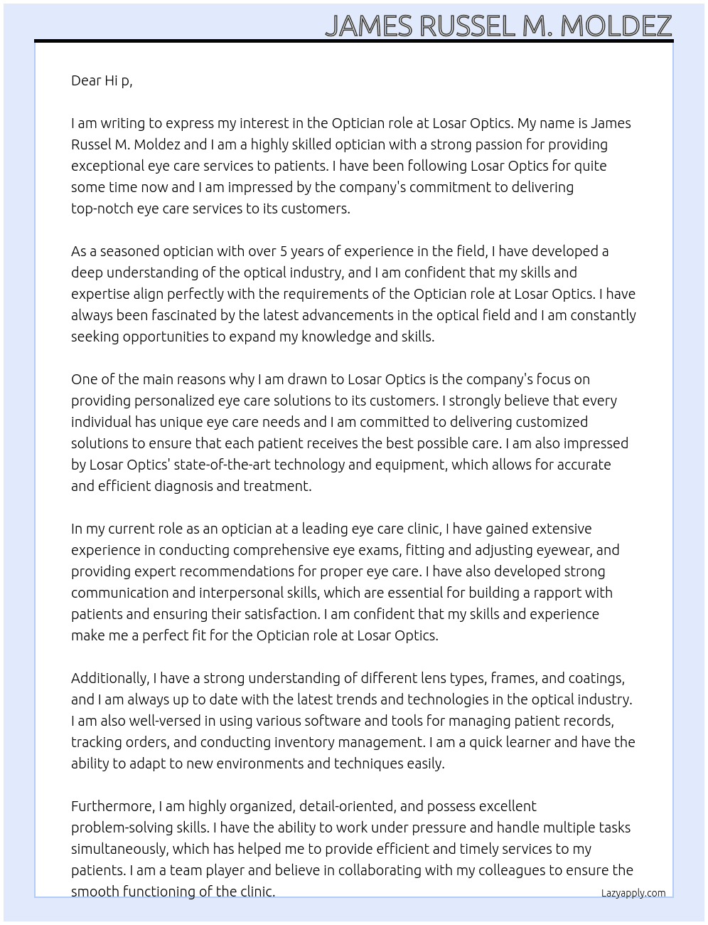 Optician At Losar optics  Cover Letter