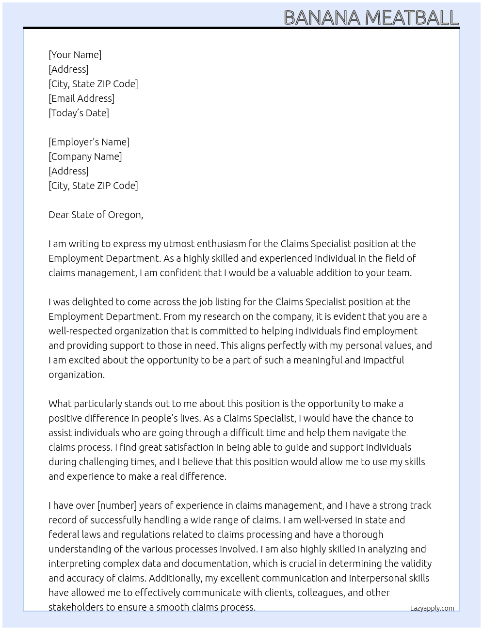 Claims Specialist At Employment Department Cover Letter