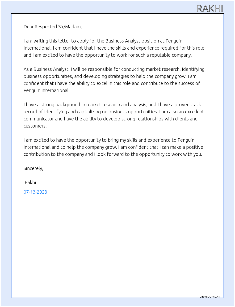 business analyst At penguin internationa; Cover Letter