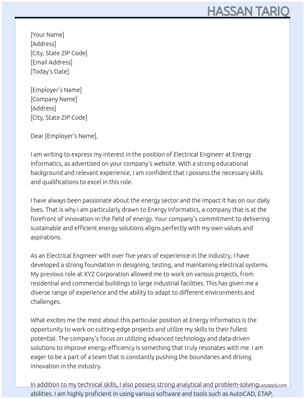 Electrical Engineer At Energy Informatics Cover Letter