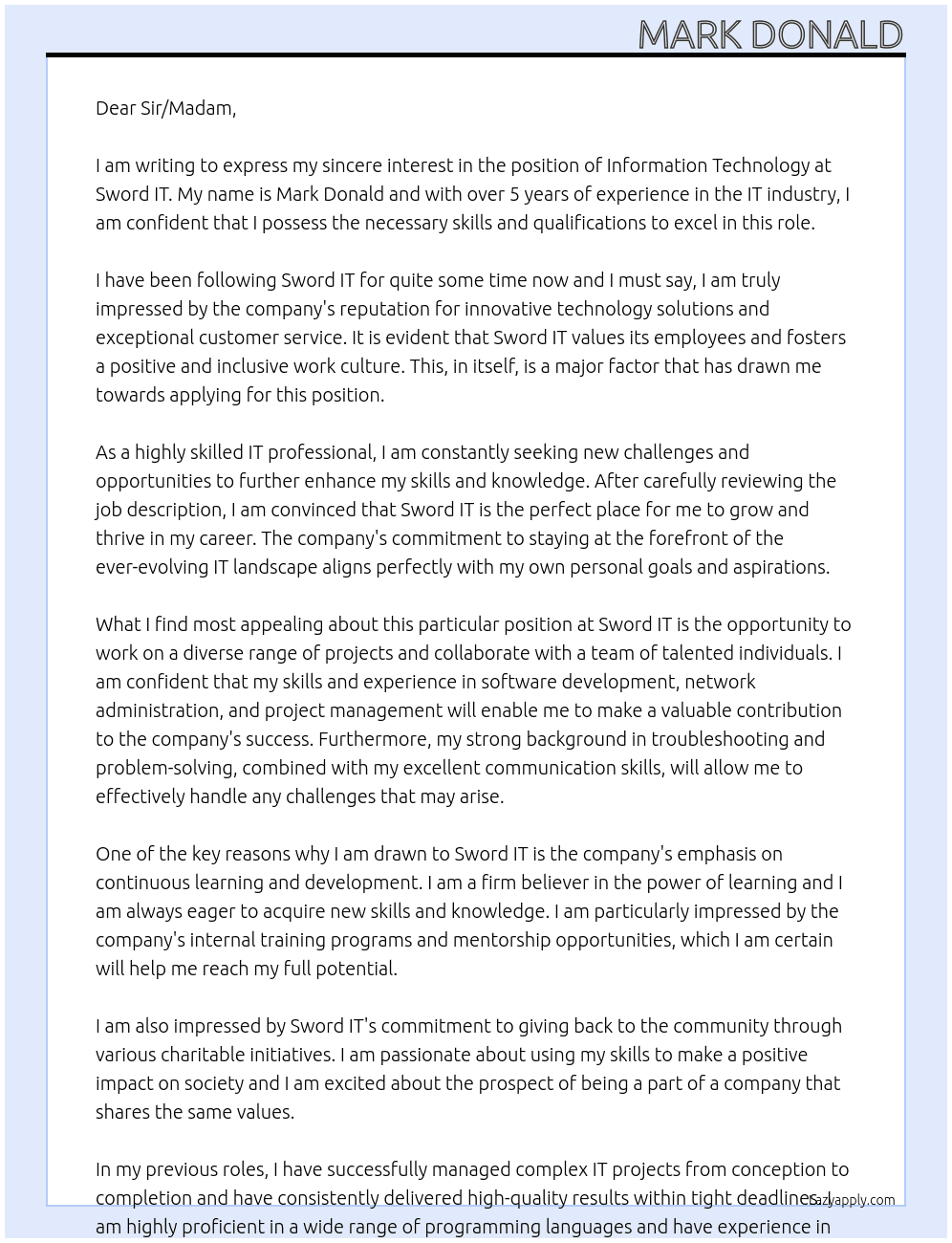 Information Technology At Sword IT Cover Letter