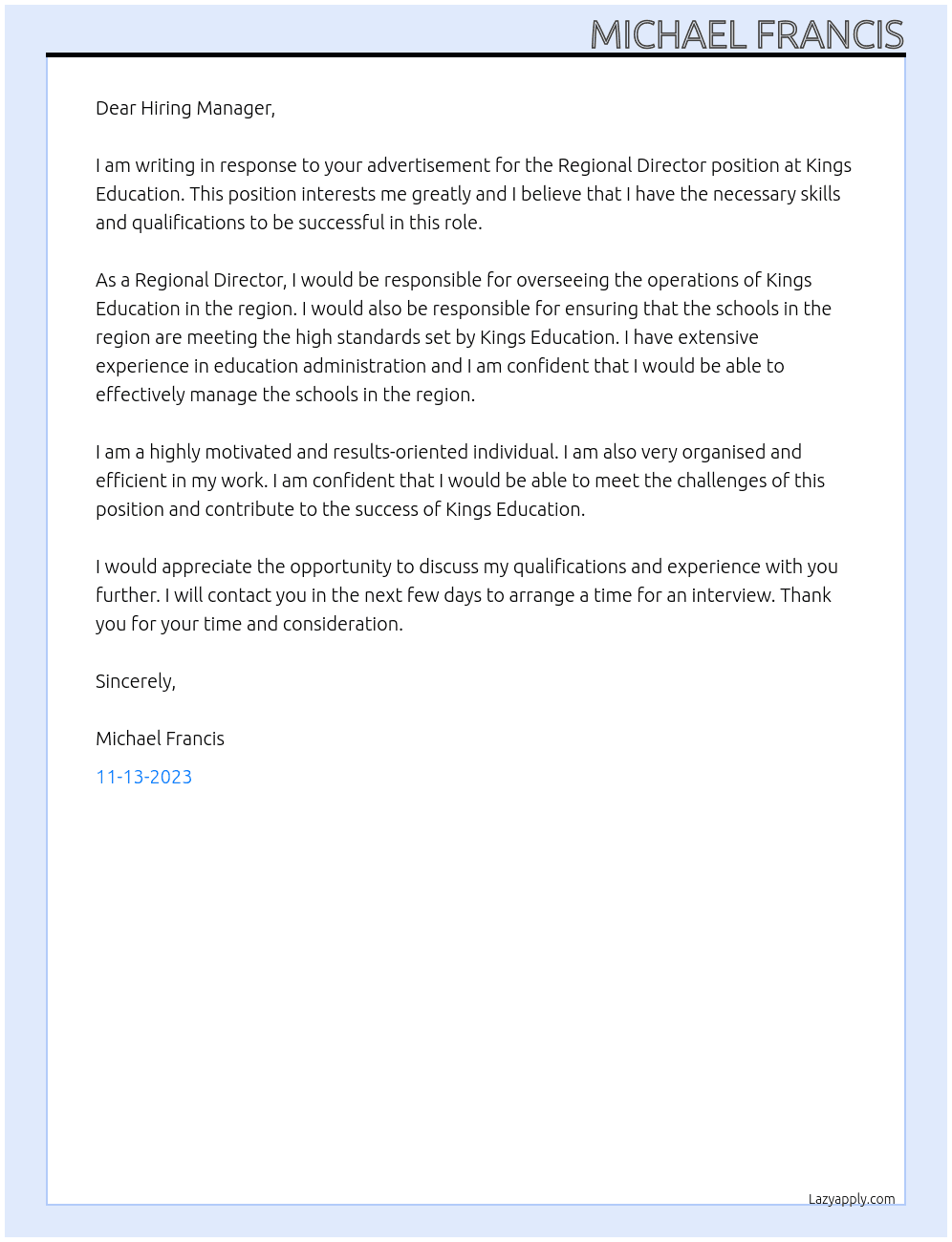 Regional Director  At Kings Education  Cover Letter
