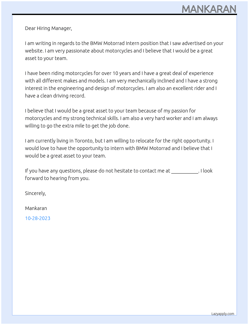 BMW Motorrad Intern At BMW Motorrad Cover Letter