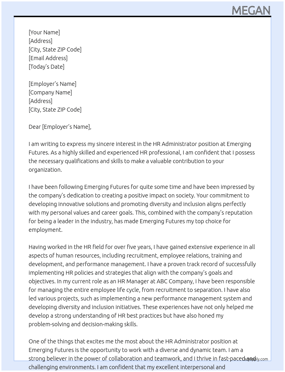 Hr administrator  At Emerging Futures Cover Letter