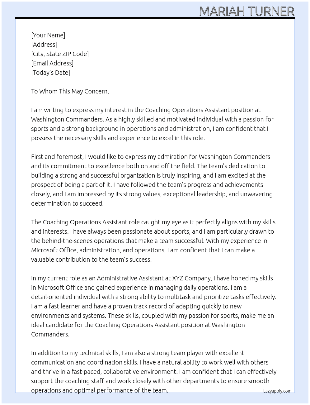Coaching Operations Assistant At Washington Commanders Cover Letter