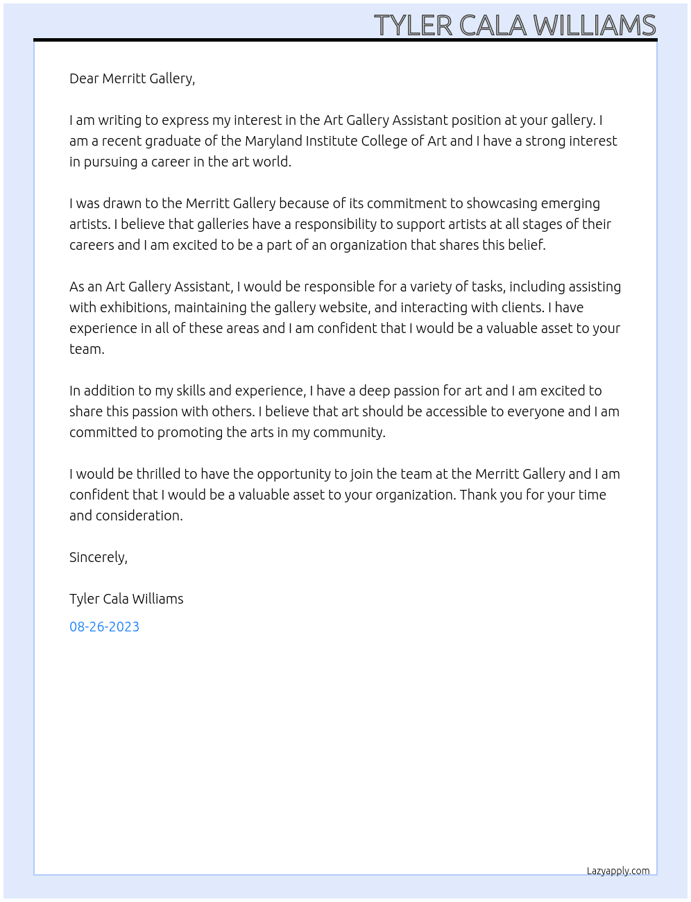 Art Gallery Assistant At Merritt Gallery Cover Letter