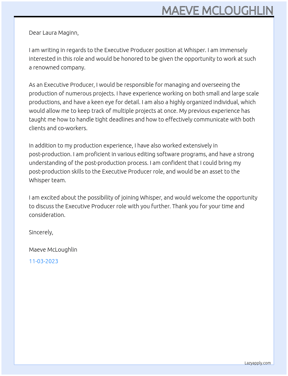 Executive Producer At Whisper Cover Letter