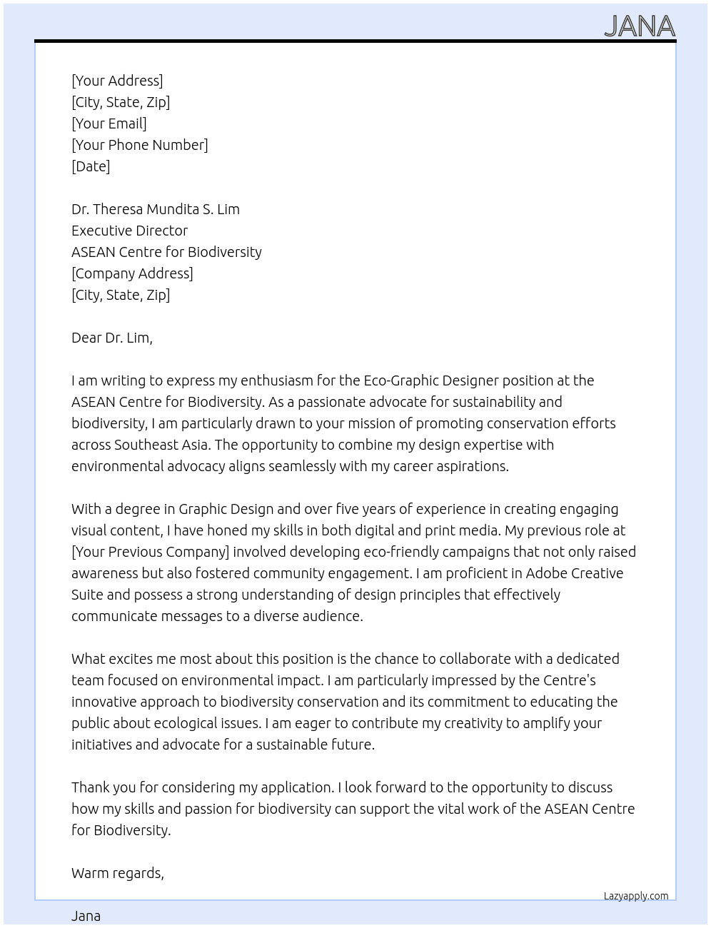  Eco-Graphic Designer Position At ASEAN Centre for Biodiversity Cover Letter