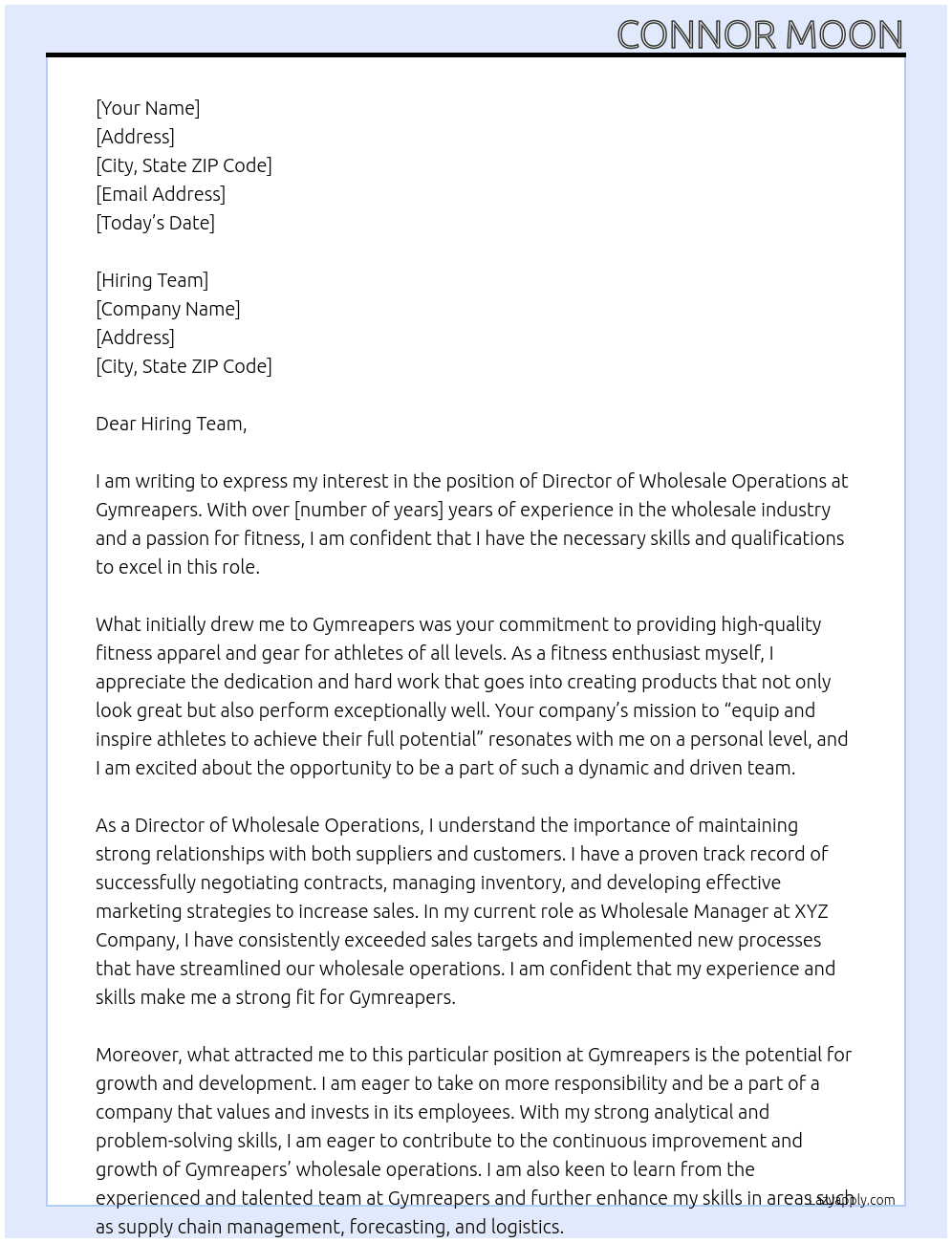Director of Wholesale Operations  At Gymreapers Cover Letter