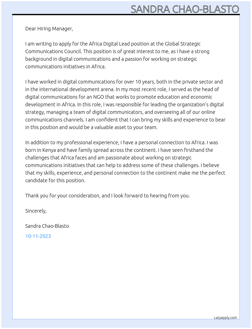 Africa Digital Lead At Global Strategic Communications Council  Cover Letter