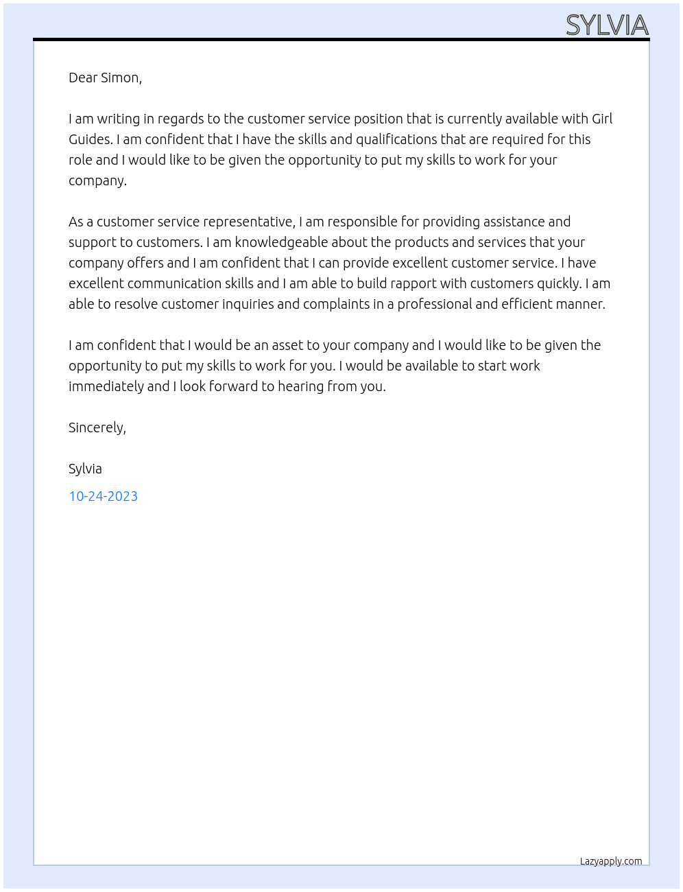 Customer service At Girl guides Cover Letter