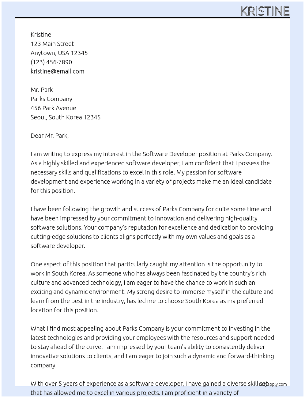 Software developer At parks company Cover Letter