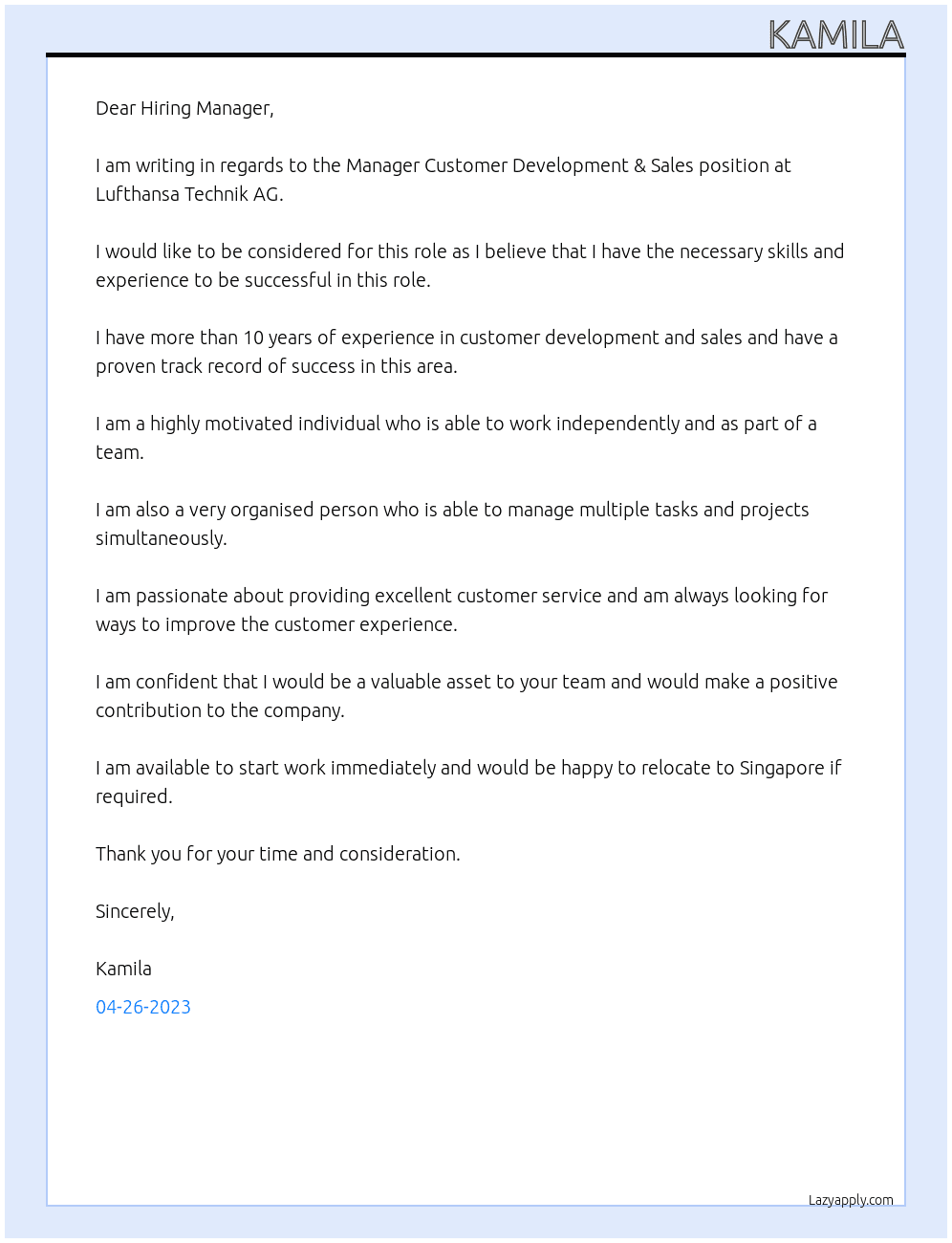 Manager Customer Development & Sales At Lufthansa Technik AG Cover Letter