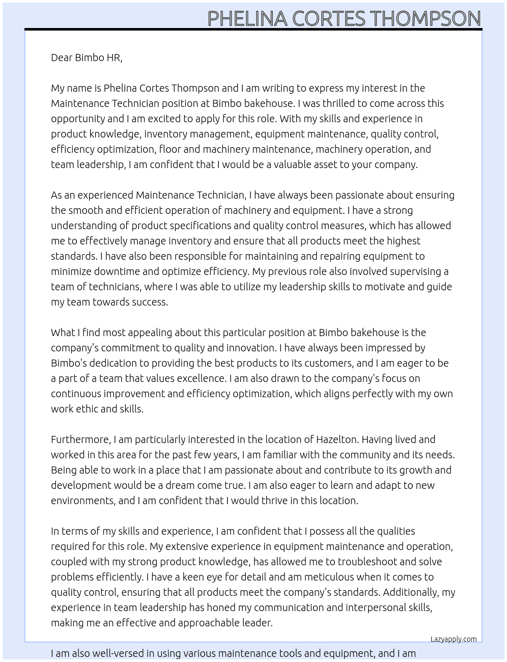Maintenance Technician At Bimbo bakehouse Cover Letter