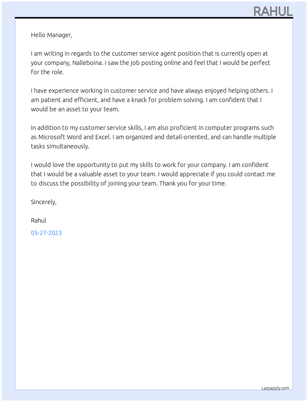 Customer serice agent At Nalleboina Cover Letter