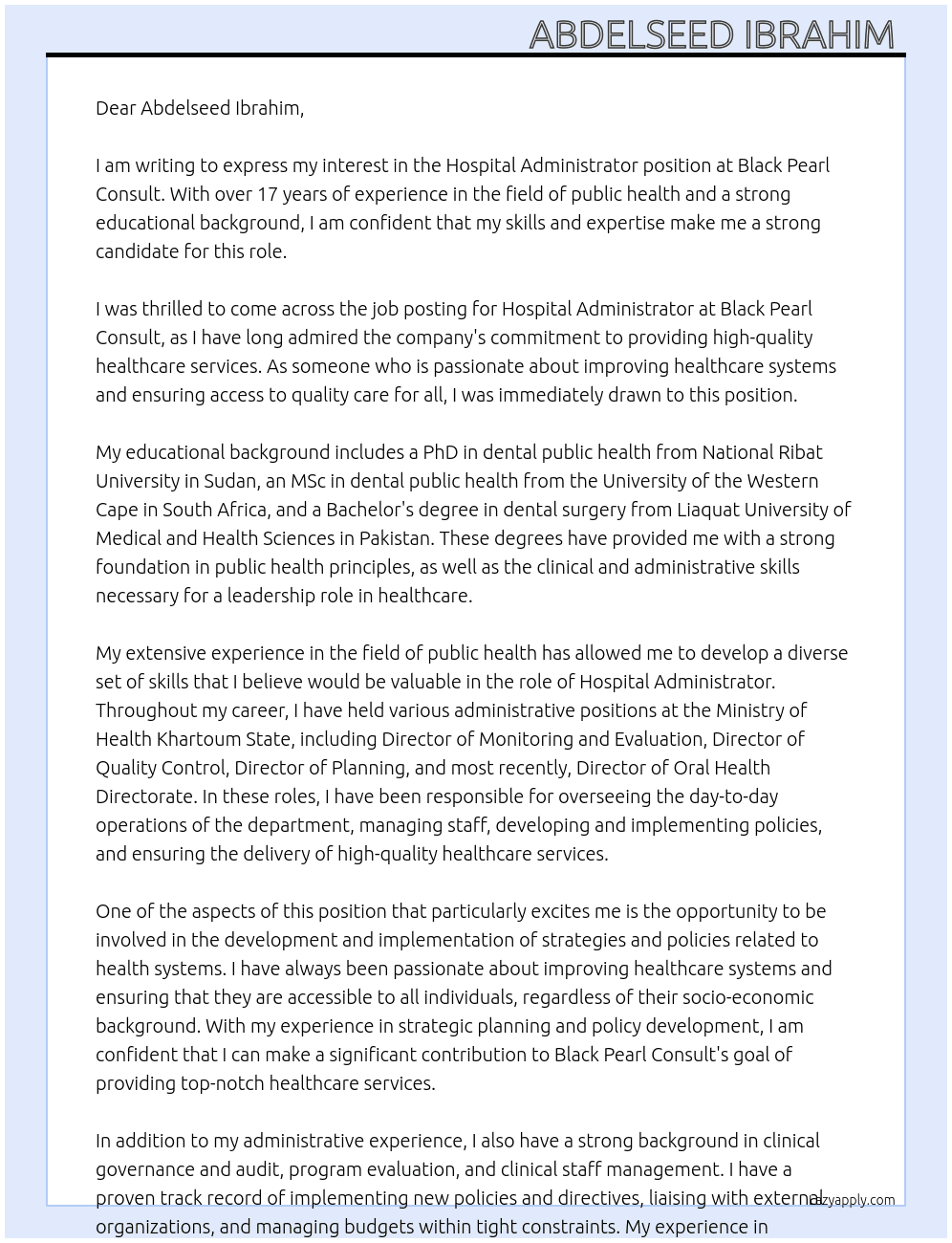 Hospital Administrator At Black Pearl Consult  Cover Letter