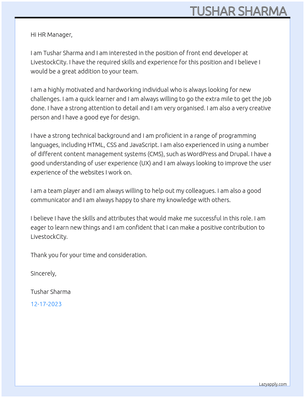 front end developer At LivestockCity Cover Letter