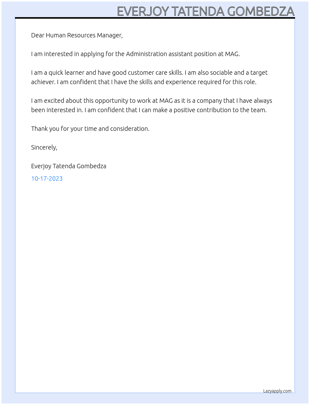 Administration assistant At MAG Cover Letter