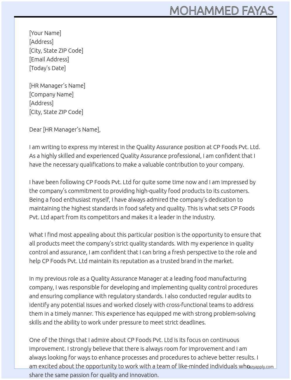Quality assurance  At CP foods pvt. Ltd Cover Letter