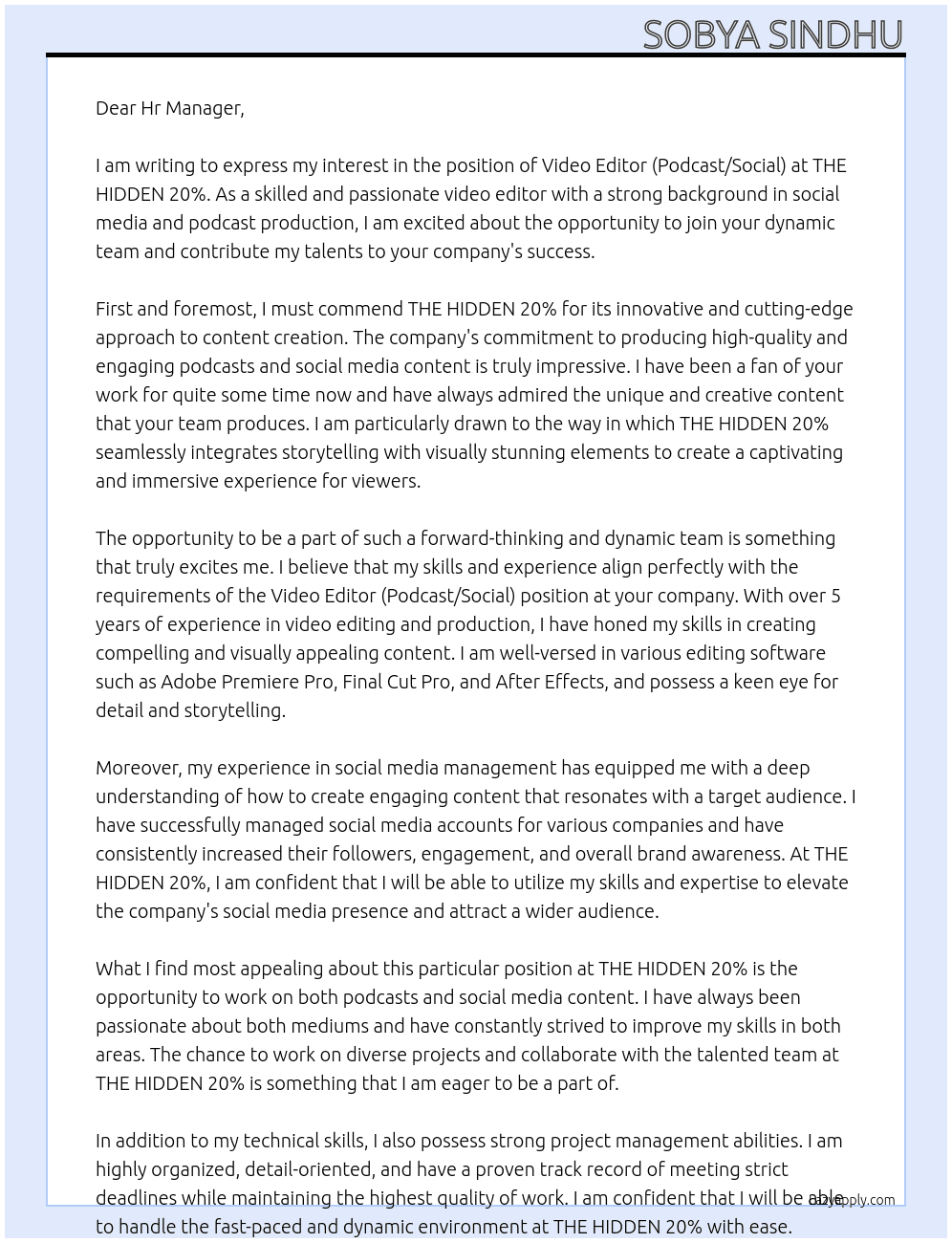 Video Editor (Podcast/Social) At THE HIDDEN 20% Cover Letter