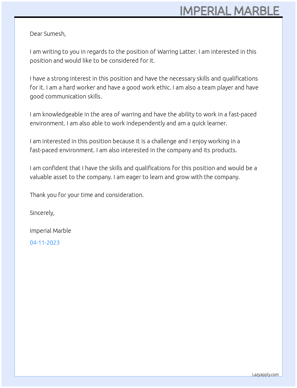 Warring latter At Sumesh Cover Letter