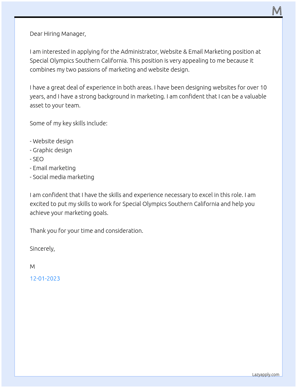 Administrator, Website & Email Marketing  At Special Olympics Southern California  Cover Letter