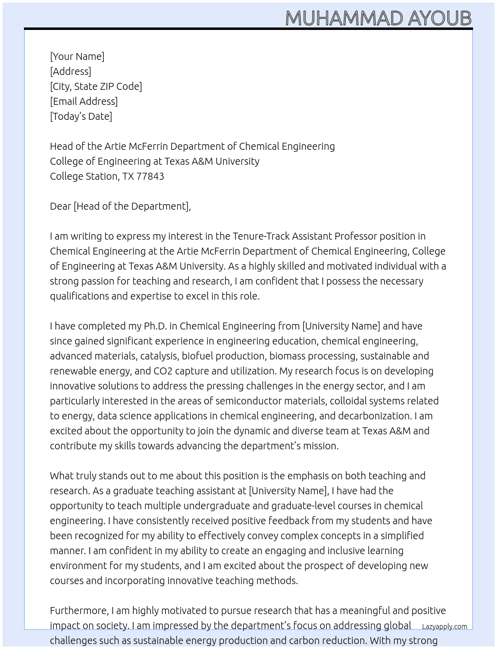 Tenure-Track: Assistant Professor - Chemical Engineering At College of Engineering at Texas A&M University Cover Letter