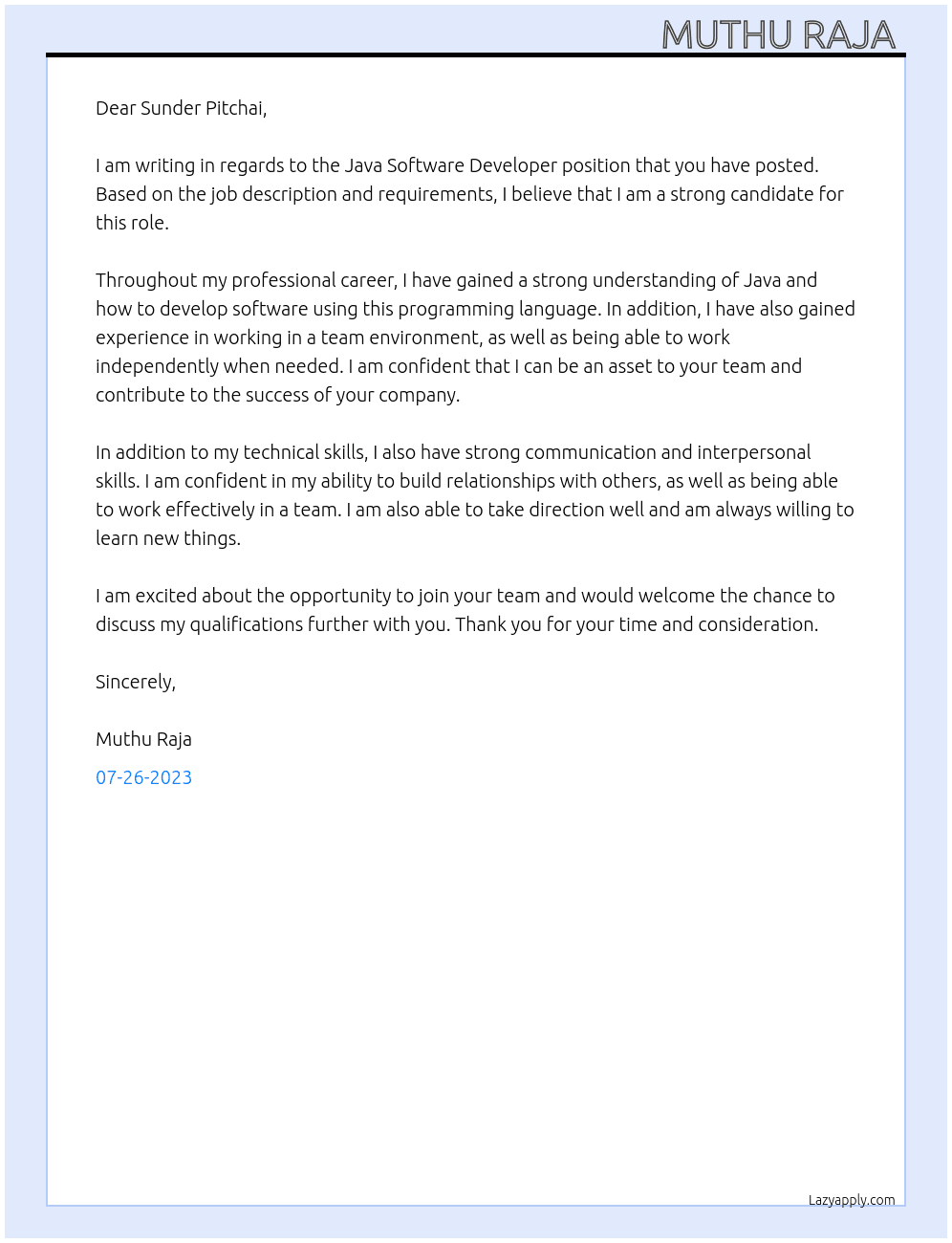 Java Software Developer  At Google  Cover Letter