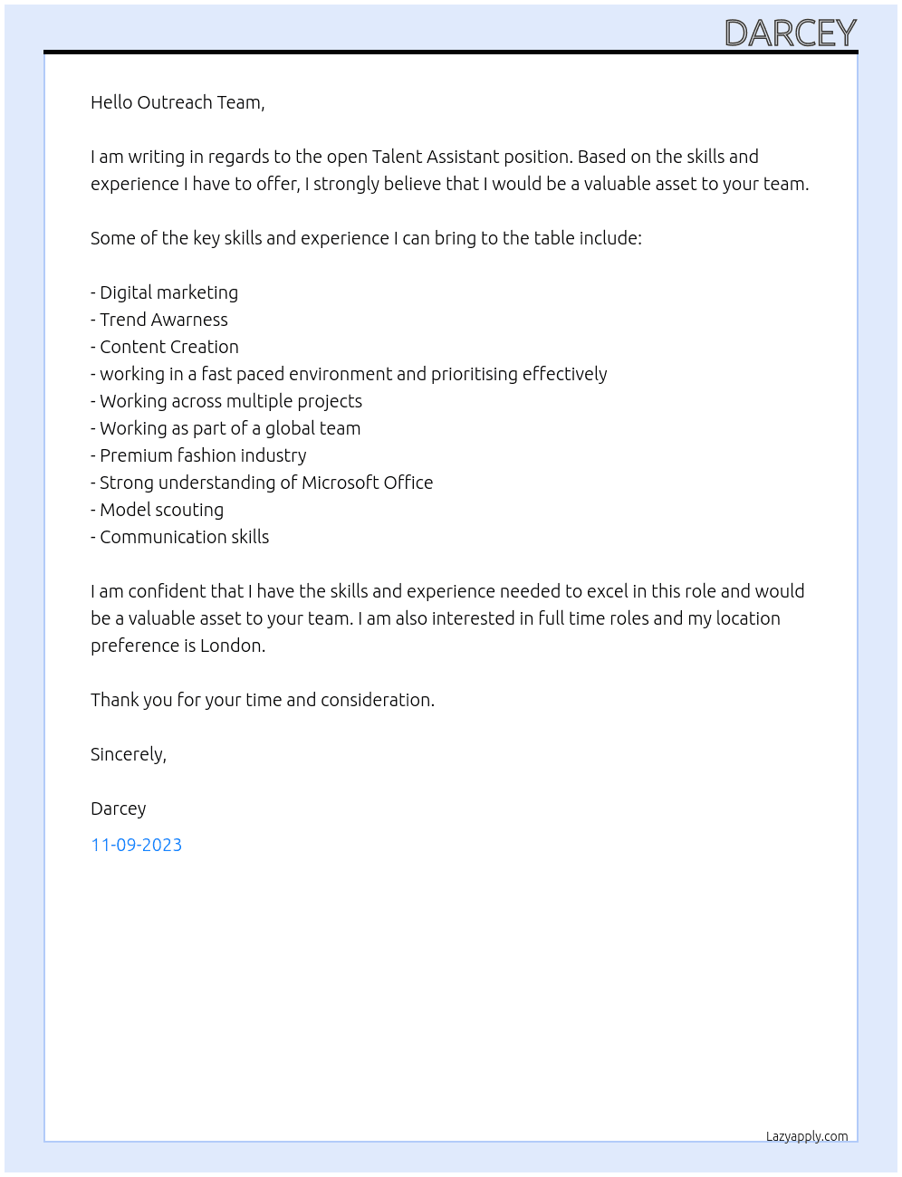 Talent Assistant  At  Outreach Cover Letter