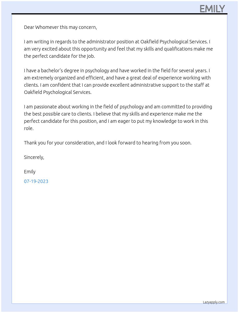 Administrator  At Oakfield Psychological Services Cover Letter