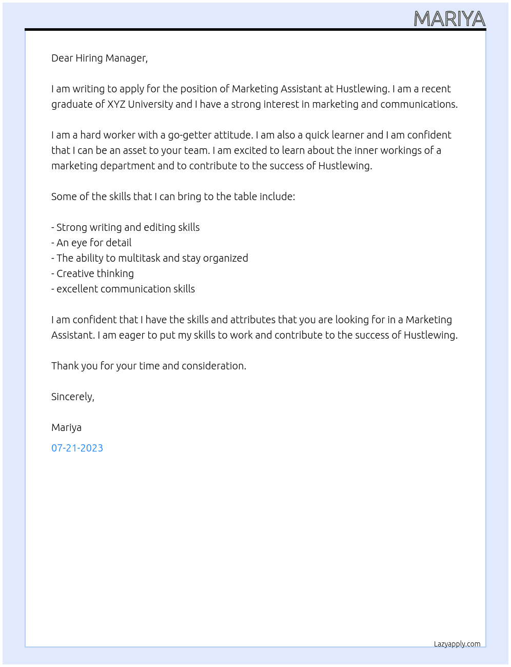Marketing Assistant At Hustlewing Cover Letter