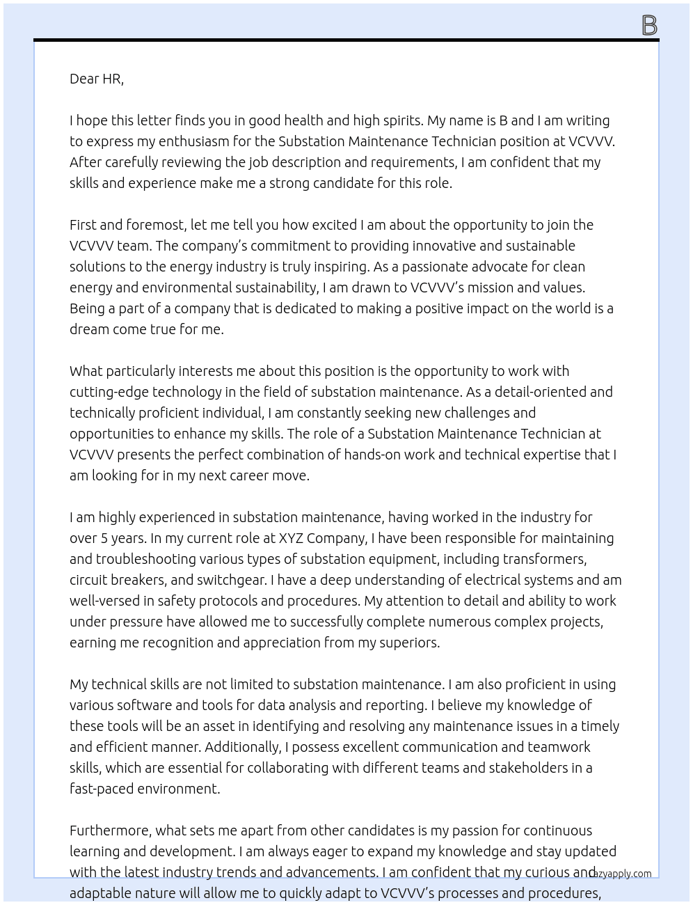 Substation Maintenance Technician At vcvvv Cover Letter