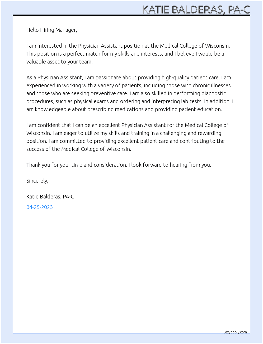 Physician Assistant At Medical College of Wisconsin Cover Letter