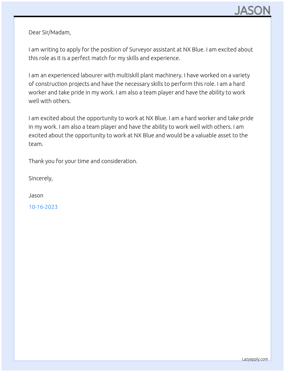 Surveyor assistant At NX Blue Cover Letter