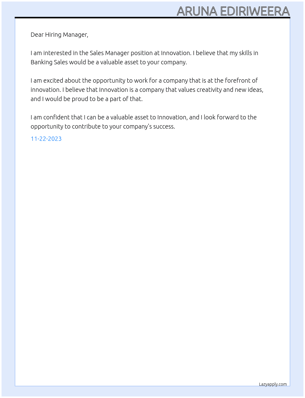 Sales Manager At Innovation Cover Letter