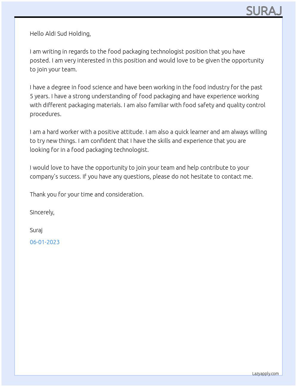 Food Packaging technologist At Aldi sud holding Cover Letter