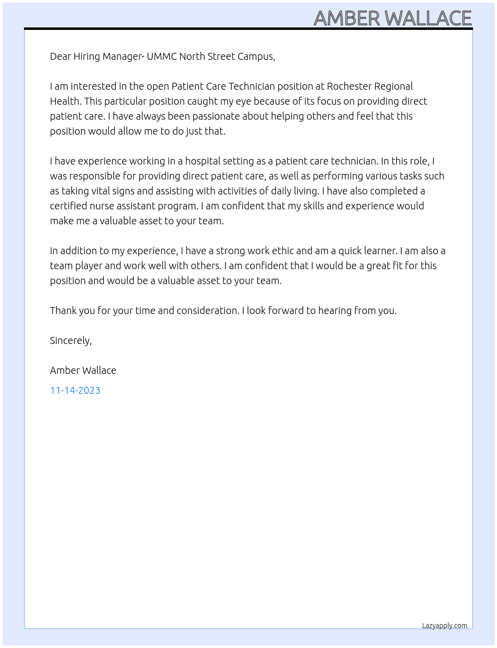 Patient Care Technician  At Rochester Regional Health  Cover Letter